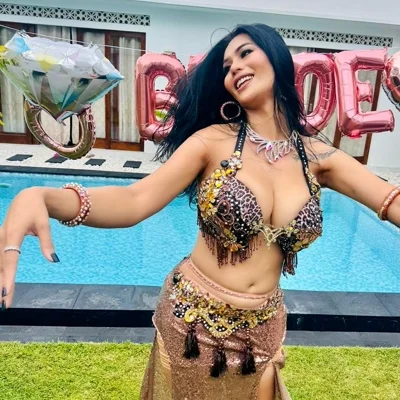 Happy clients at hens party celebration with belly dance performance in Bali